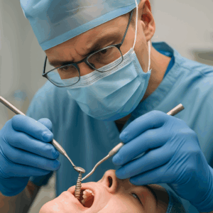 An image of a dentist in a surgical mask carefully placing a titanium implant into a patient's jawbone. The image should convey precision and expertise, with the dental tools and surgical environment in focus. No text on image.