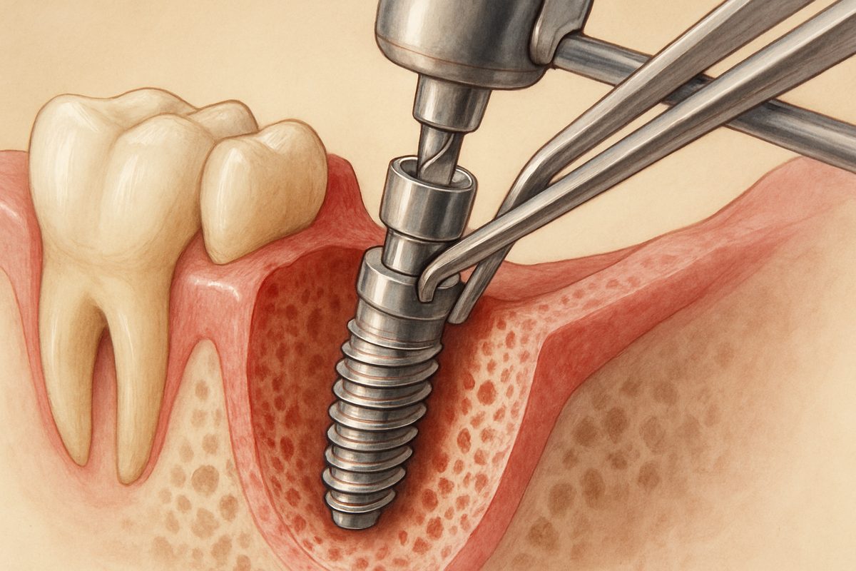 A close-up, detailed illustration of a dental implant being surgically placed into a patient's jawbone, highlighting the precision and care involved in the "implantment" process. No text on image.