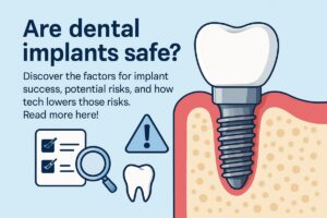 A dentist is consulting with a patient, showing them a digital scan of their jaw with dental implant placement marked, to explain the safety and planning involved in the procedure. No text on the image.