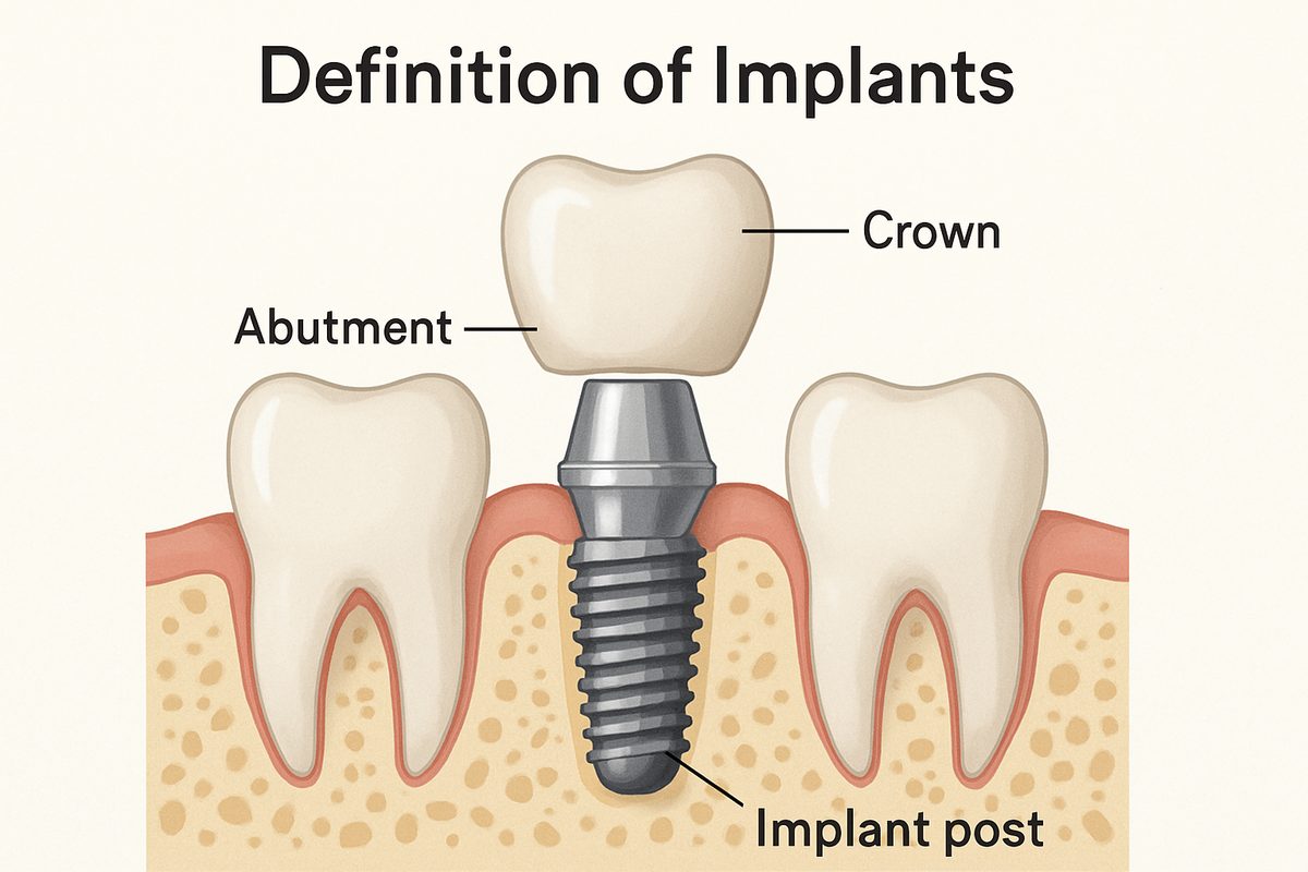 Photo of a dental implant with labeled parts: implant post in the jawbone, abutment connecting the post, and a crown on top. The image should have text on it that says "Definition of Implants".