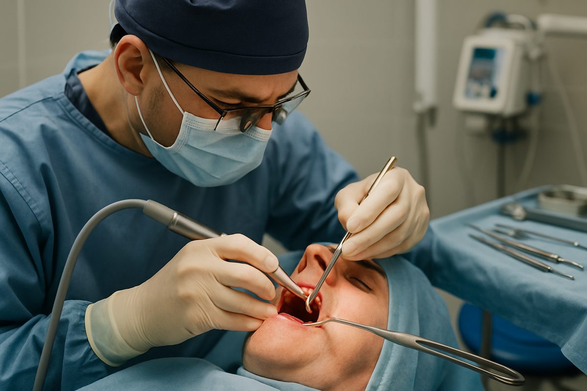 Image depicting a dental surgeon performing the first surgery of an osseointegrated implant on a patient, with surgical tools and equipment visible. The image should illustrate the precision and care involved in the procedure. No text on image.
