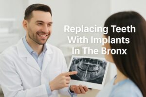 Image of a dentist smiling at a patient while pointing to a dental implant on a panoramic x-ray. The text on the image reads: "Replacing Teeth With Implants In The Bronx".