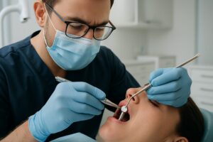 Close up of a dentist in a modern dental office carefully using specialized tools to "implant a tooth" into a patient's lower jaw. No text on the image.