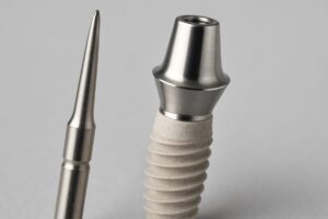 Image of a close-up showcasing a dental implant, highlighting its coating and abutment, next to a surgical tool. No text on image.