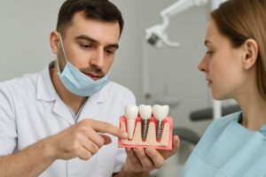 A dentist is pointing to a 3D model of a patient's mouth, showing where they will "get implants". No text on the image.
