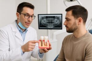 Image of a dentist explaining the one tooth implant procedure to a patient, showing a model of a dental implant. No text on the image.