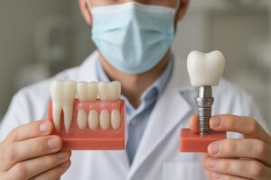 Photo of a dentist holding up two models, one of a tooth stent and the other of a dental implant, with a side-by-side comparison to highlight the differences in size and structure. No text on the image.