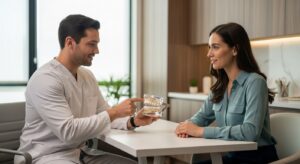 Patient consultation in a modern dental setting about wisdom teeth removal