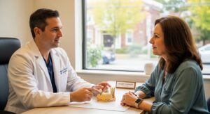 Dentist discussing dental implant options with a patient in a modern office