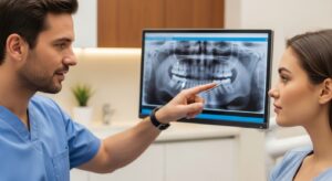 Dentist consulting with patient about wisdom teeth in a modern dental office