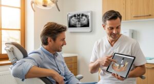 Dental consultation on implants in a professional setting