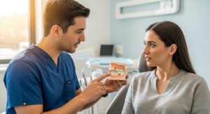 Oral surgeon consulting with patient about wisdom teeth removal in modern dental setting
