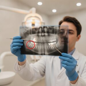 Dentist examining a wisdom tooth x-ray