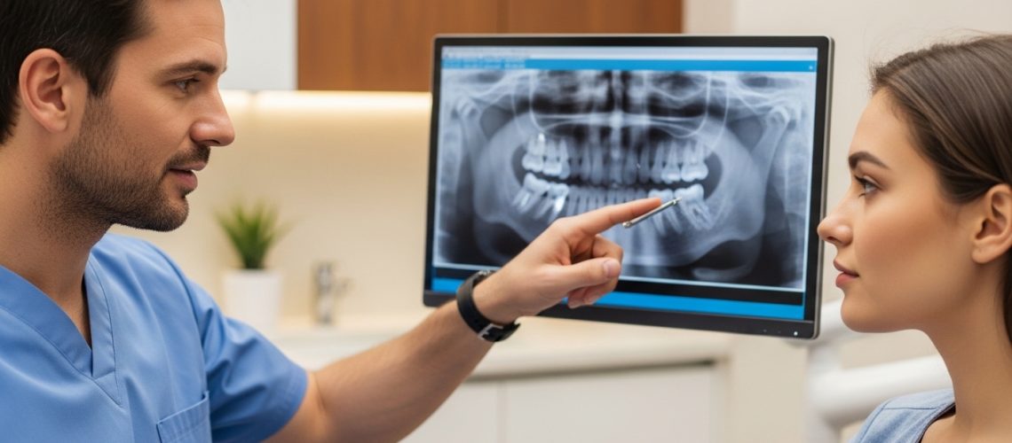 Dentist consulting with patient about wisdom teeth in a modern dental office