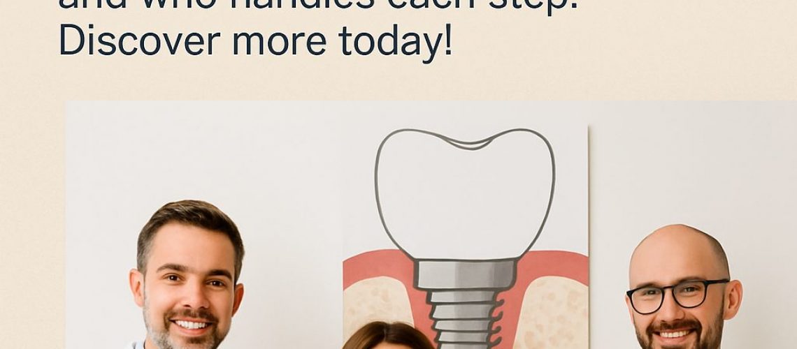 Image of a diverse team of dental professionals, including an oral surgeon, prosthodontist, and general dentist, collaborating around a patient's 3D dental scan, with a dental implant model visible. The setting is a modern dental office. No text on image.