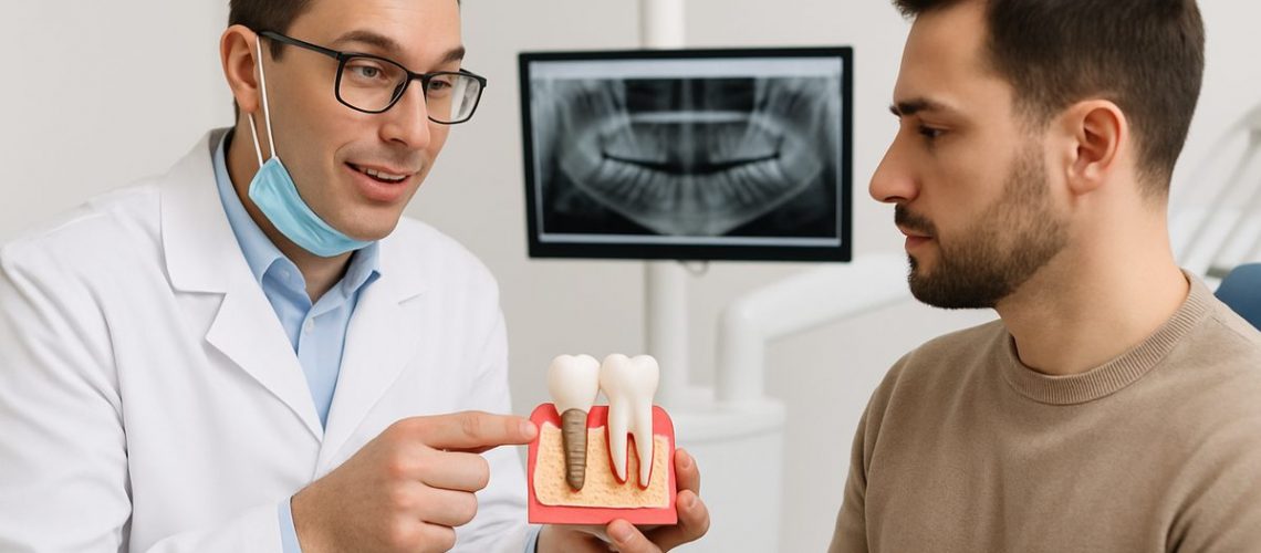 Image of a dentist explaining the one tooth implant procedure to a patient, showing a model of a dental implant. No text on the image.