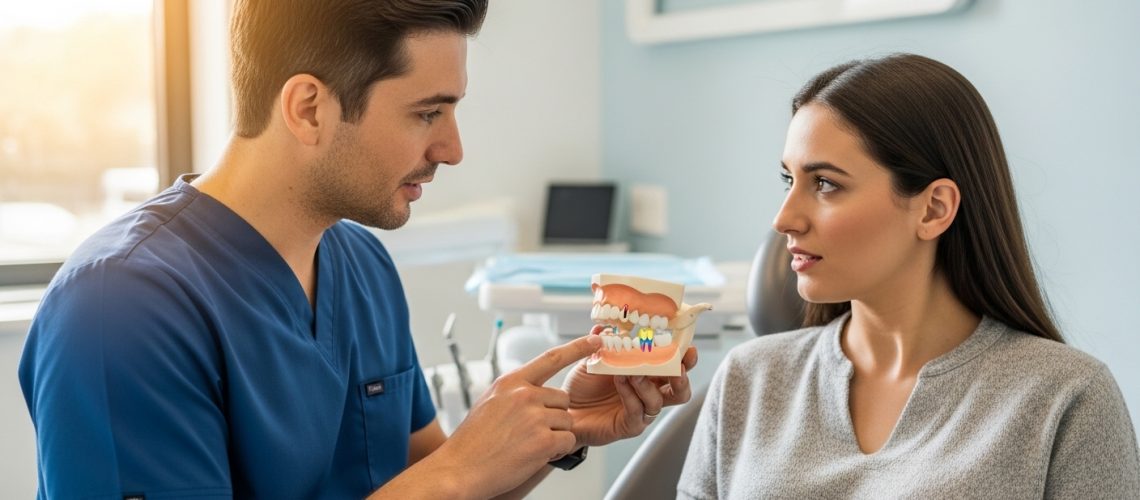 Oral surgeon consulting with patient about wisdom teeth removal in modern dental setting