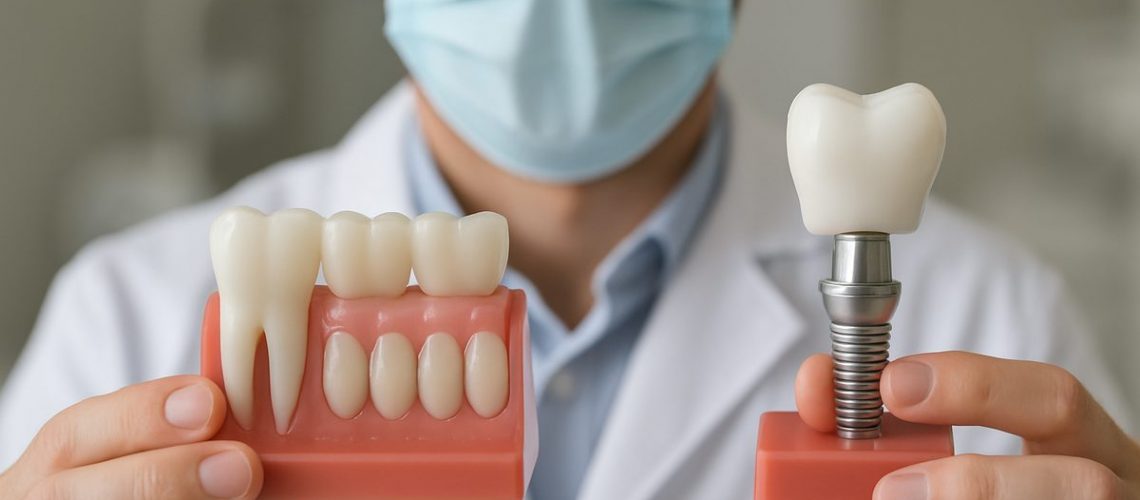 Photo of a dentist holding up two models, one of a tooth stent and the other of a dental implant, with a side-by-side comparison to highlight the differences in size and structure. No text on the image.