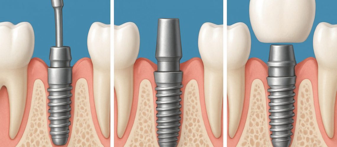 Image depicting the three stages of dental implants: surgical placement of the implant post in the jawbone, osseointegration (bone fusing to the implant), and abutment placement with prosthetic tooth restoration. No text on the image.