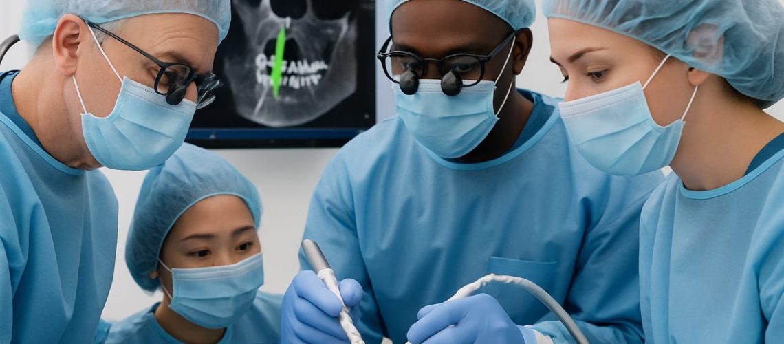 A diverse group of dental specialists are collaborating on a dental implant procedure, using advanced 3D imaging and precision tools to ensure optimal placement and patient care; no text on image.