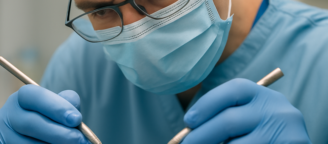 An image of a dentist in a surgical mask carefully placing a titanium implant into a patient's jawbone. The image should convey precision and expertise, with the dental tools and surgical environment in focus. No text on image.