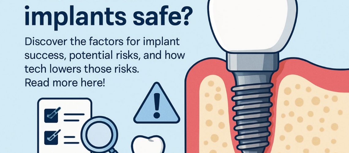 A dentist is consulting with a patient, showing them a digital scan of their jaw with dental implant placement marked, to explain the safety and planning involved in the procedure. No text on the image.
