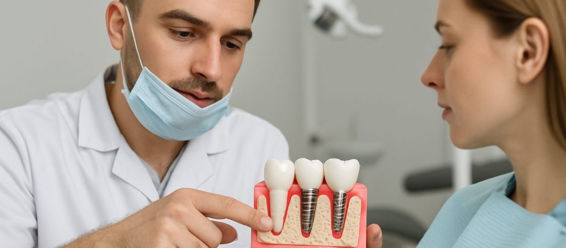 A dentist is pointing to a 3D model of a patient's mouth, showing where they will "get implants". No text on the image.
